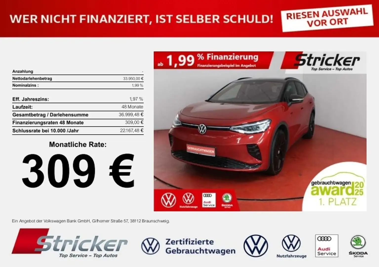 Volkswagen ID.4 GTX 220/77 309,-ohne Anzahlung Navi ACC Kamera Rot - 1