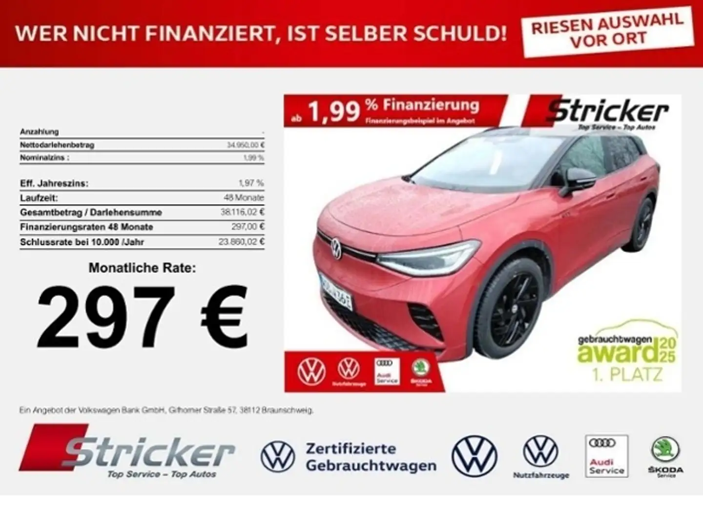 Volkswagen ID.4 GTX 220/77 297,-ohne Anzahlung Navi ACC Kamera Rot - 1