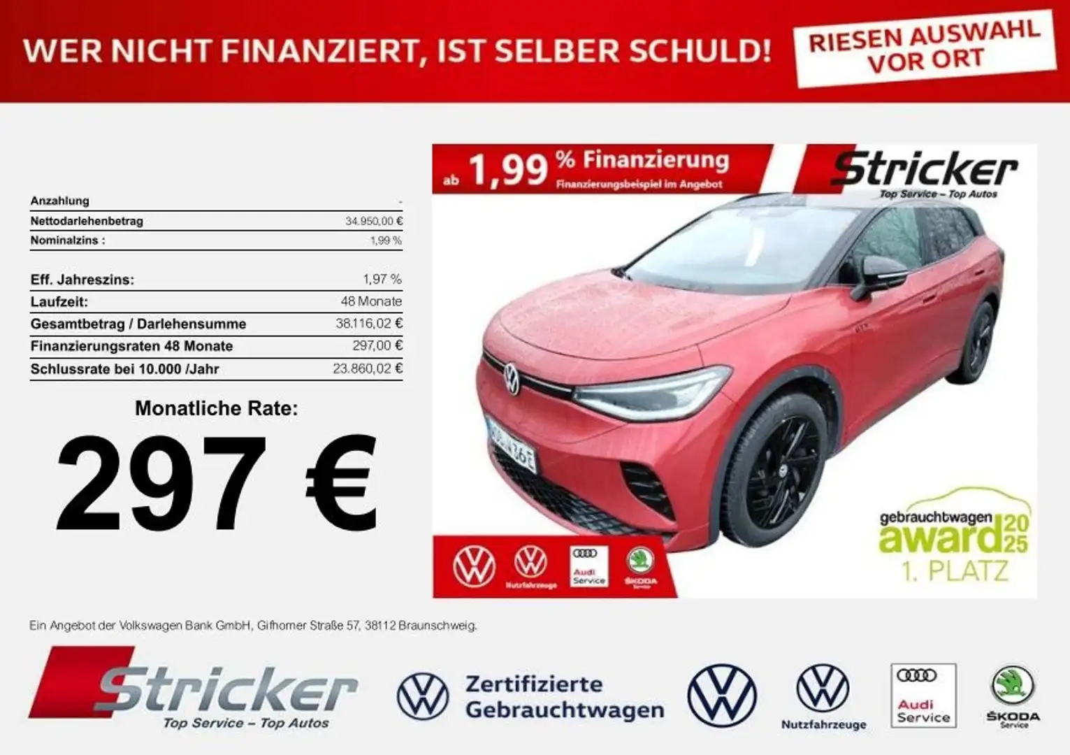 Volkswagen ID.4 GTX 220/77 297,-ohne Anzahlung Navi ACC Kamera Rot - 1