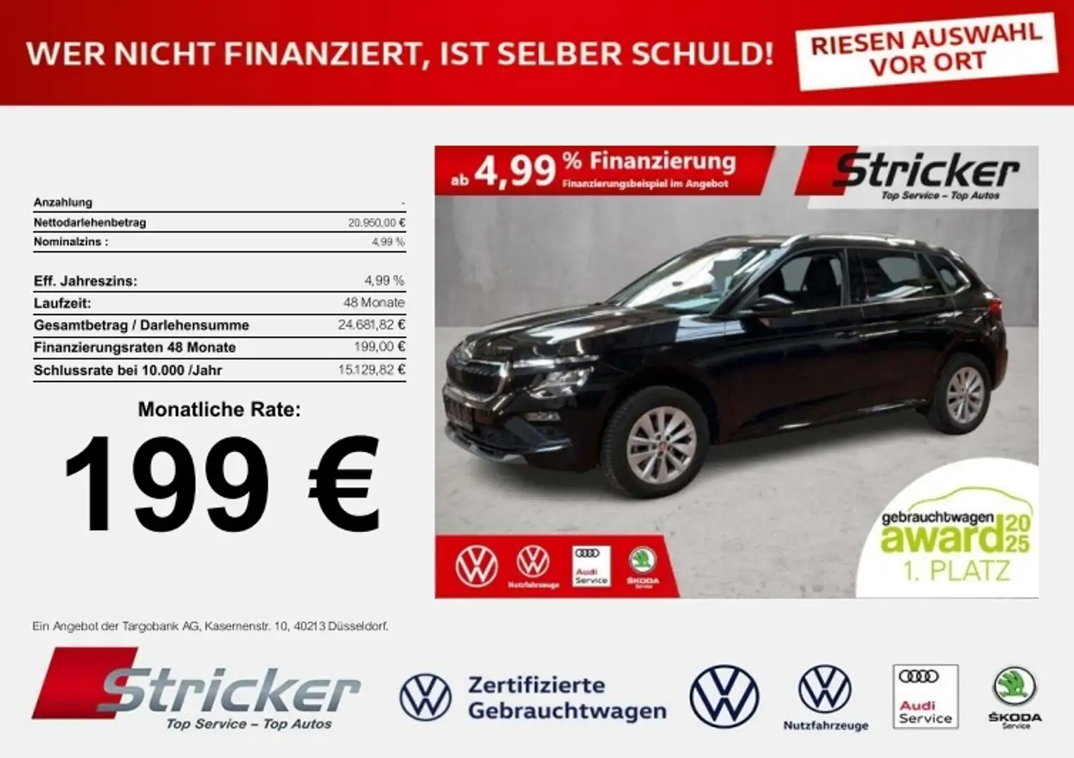 Skoda Kamiq Selection 1.0TSI DSG 199,-ohne Anzahlung Kamera S Schwarz - 2
