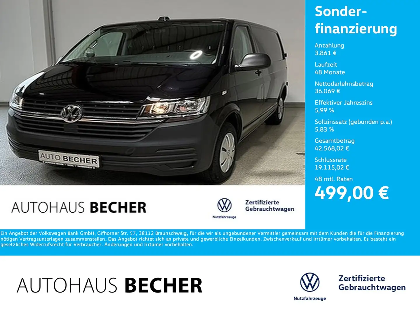 Volkswagen T6 Transporter T6.1 Kasten 2.0 TDI 6-Gang /AHK Schwarz - 1