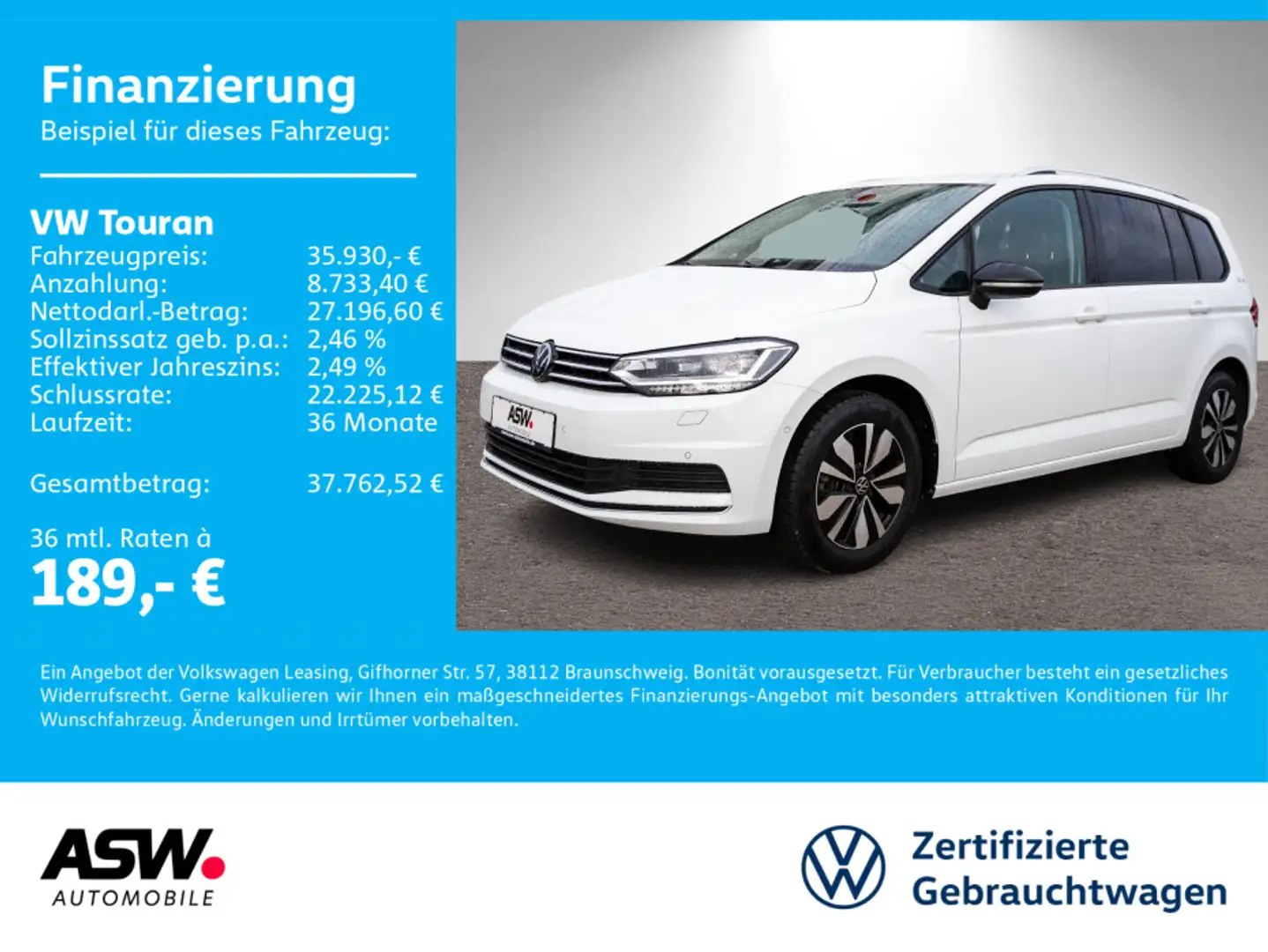 Volkswagen Touran Goal 1.5 TSI DSG LED Navi ACC PDC AHK 7-S Weiß - 1