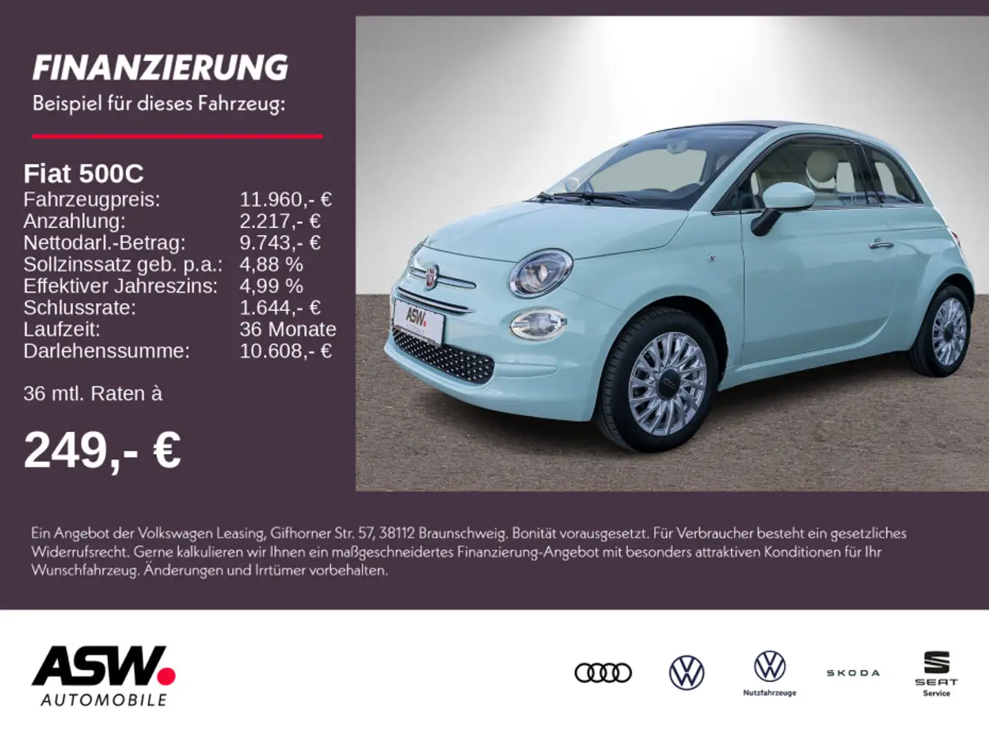 Fiat 500C 0.9 TwinAir Lounge Klimaautomatik Tempomat Grün - 1