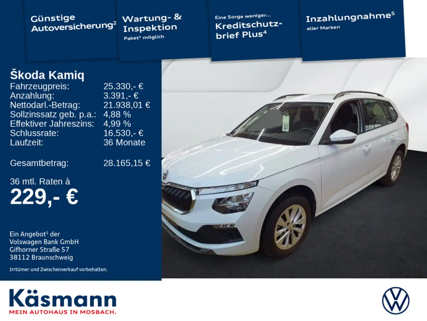 Skoda Kamiq Selection 1.5TSI DSG NAVI KAM ACC SHZ Weiß - 1