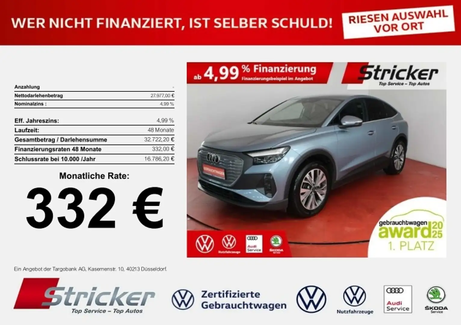 Audi Q4 e-tron 40 Sportback 332,-ohne Anzahlung Navi Kamera Blau - 1