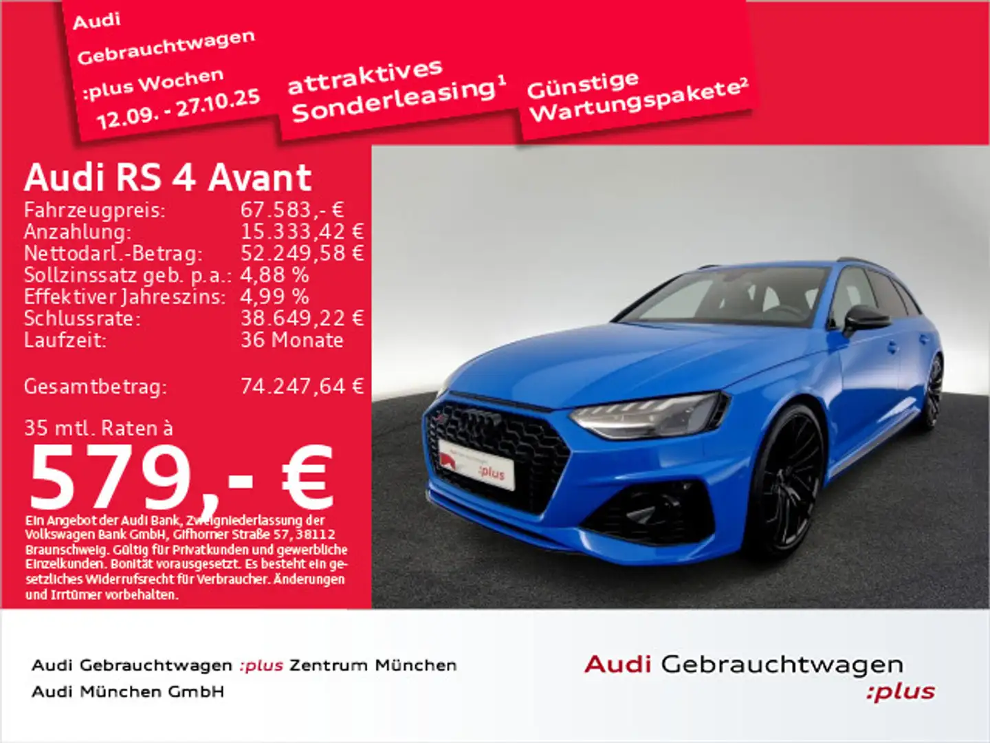 Audi RS4 RS4 Avant Essentials/280kmH/Pano/B&O/Matrix Bleu - 1
