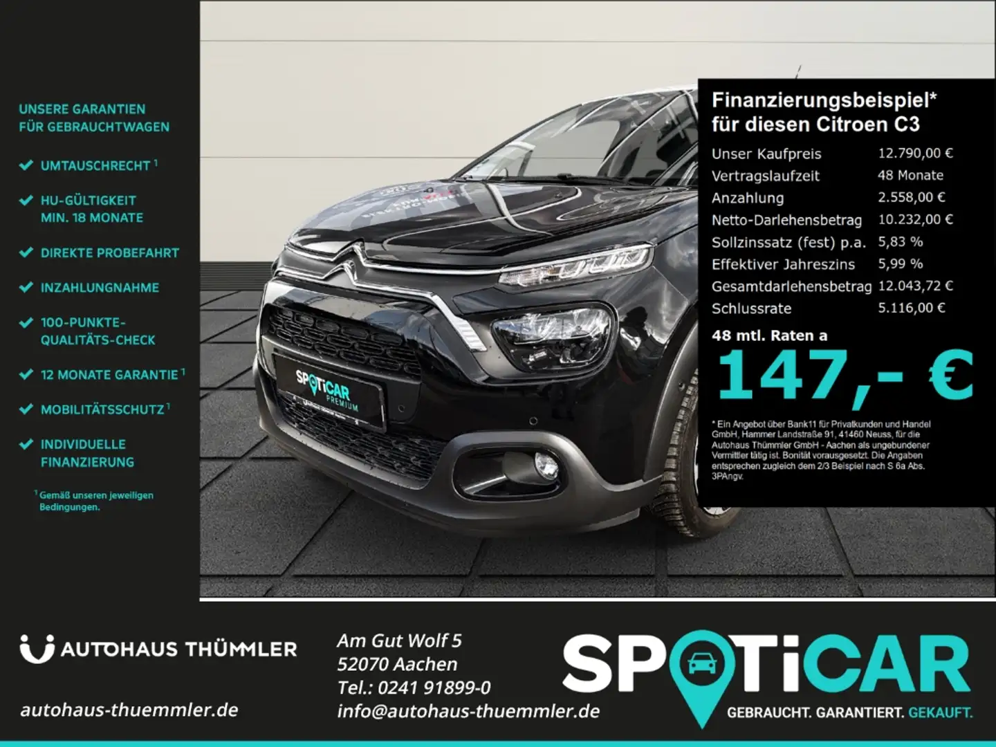 Citroen C3 Shine Pack 1.2 PureTech 82 EU6d Navi Apple CarPlay Noir - 1