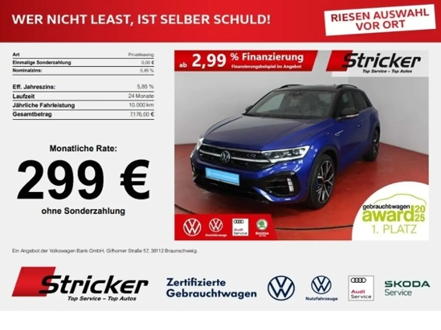 Volkswagen T-Roc R 2.0TSI 299,-ohne Anzahlung Akrapovic Pano AHK L Blau - 1