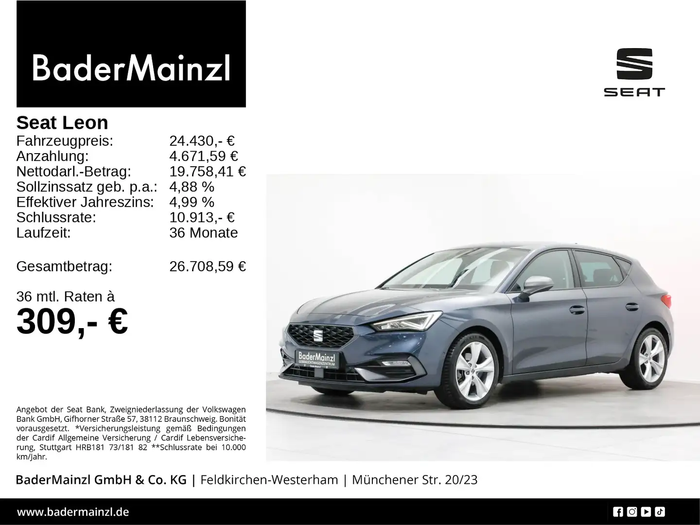 SEAT Leon 1.5 TSI FR-Line Navi Kamera LED ACC Keyless Grau - 1
