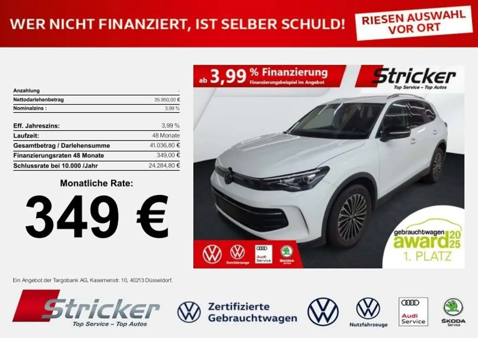 Volkswagen Tiguan Goal 2.0TDI DSG 349,-ohne Anzahlung Navi AHK Kame Weiß - 2