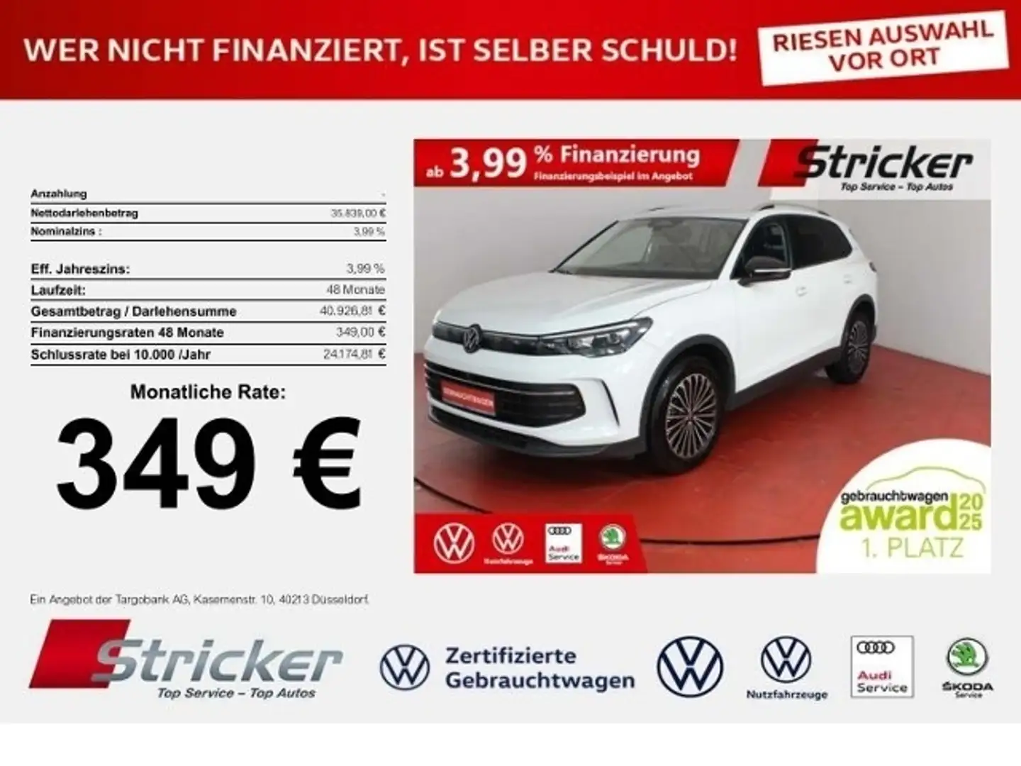 Volkswagen Tiguan Goal 2.0TDI DSG 349,-ohne Anzahlung Navi AHK Kame Weiß - 1