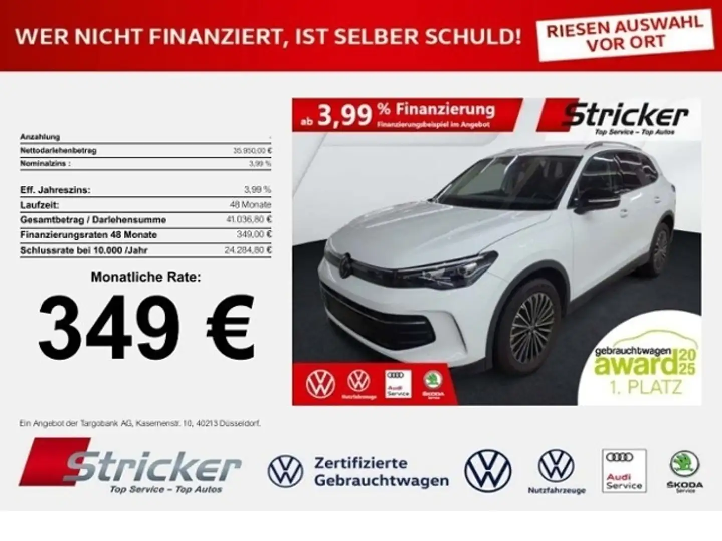 Volkswagen Tiguan Goal 2.0TDI DSG 349,-ohne Anzahlung Navi AHK Kame Weiß - 1