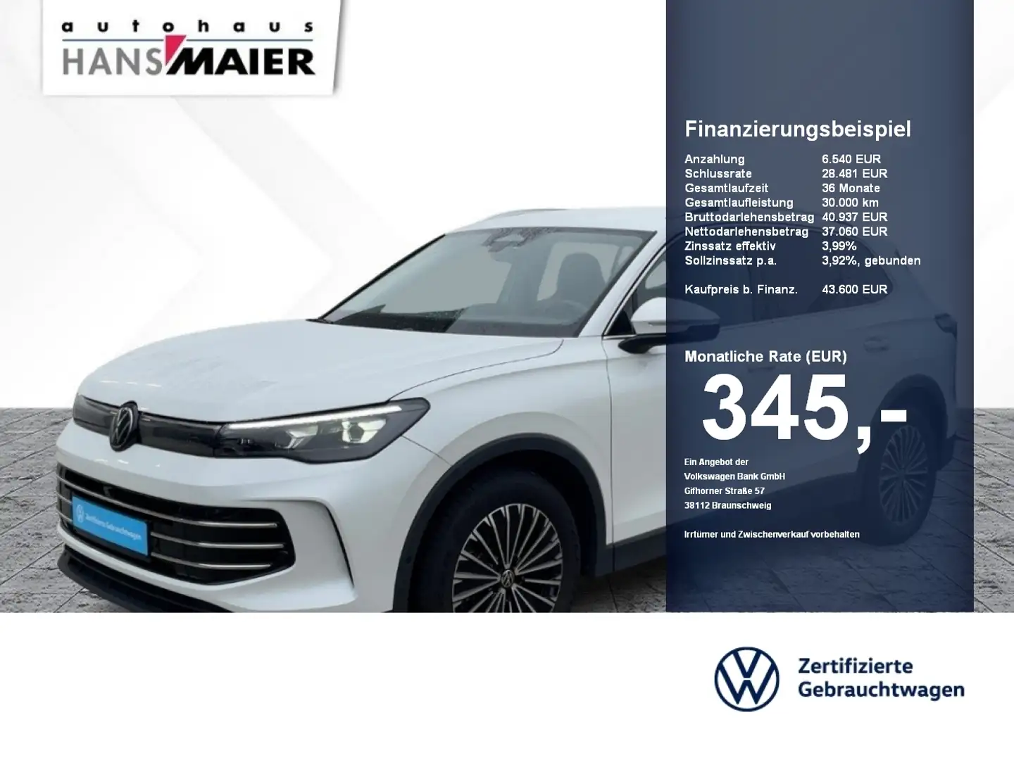 Volkswagen Tiguan eTSI Elegance DSG Nav AHK GJR LED ACC Kam Weiß - 1