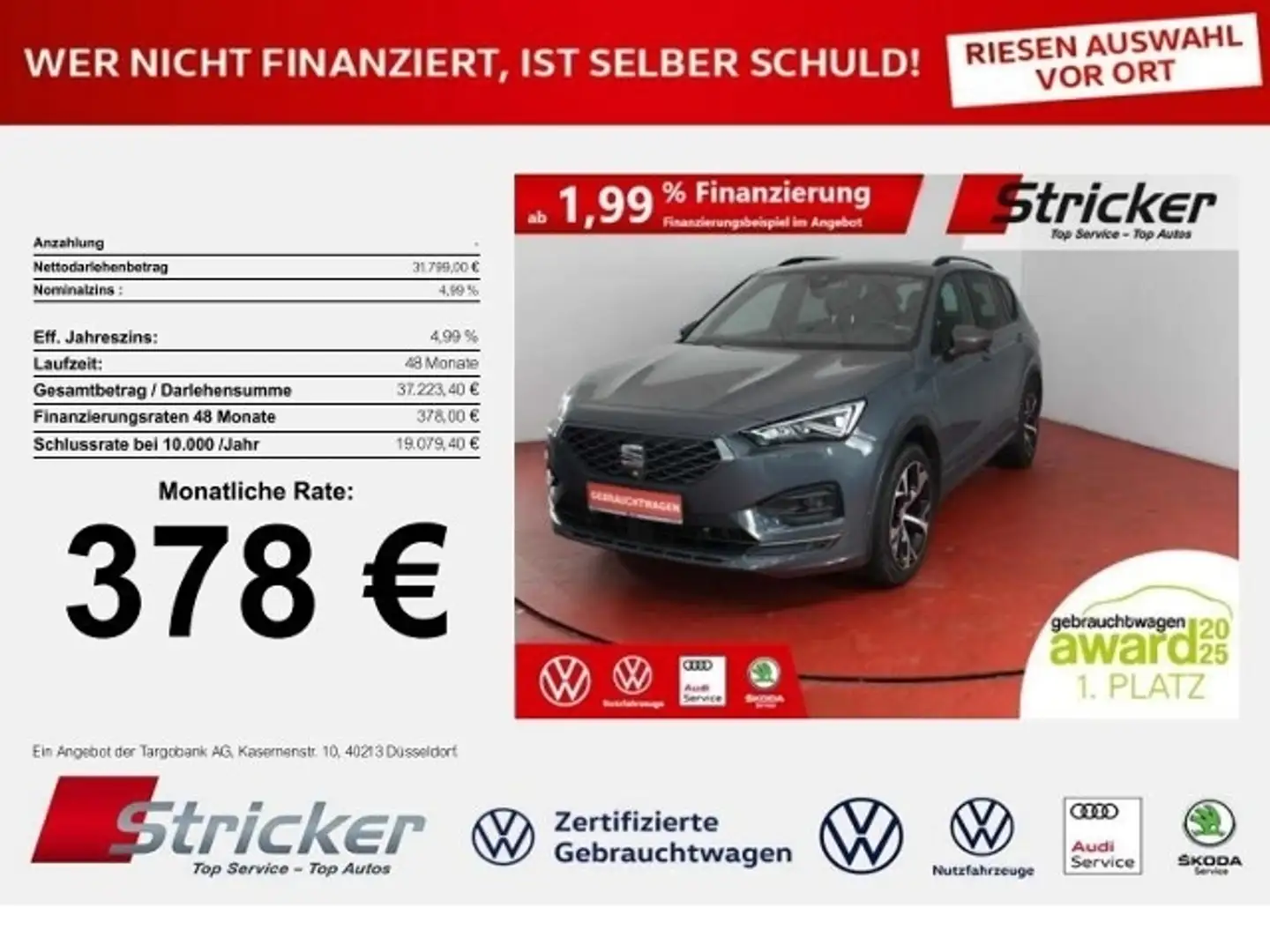 SEAT Tarraco FR 1.4TSI e-hybrid 378,-ohne Anzahlung AHK Pano Grau - 1