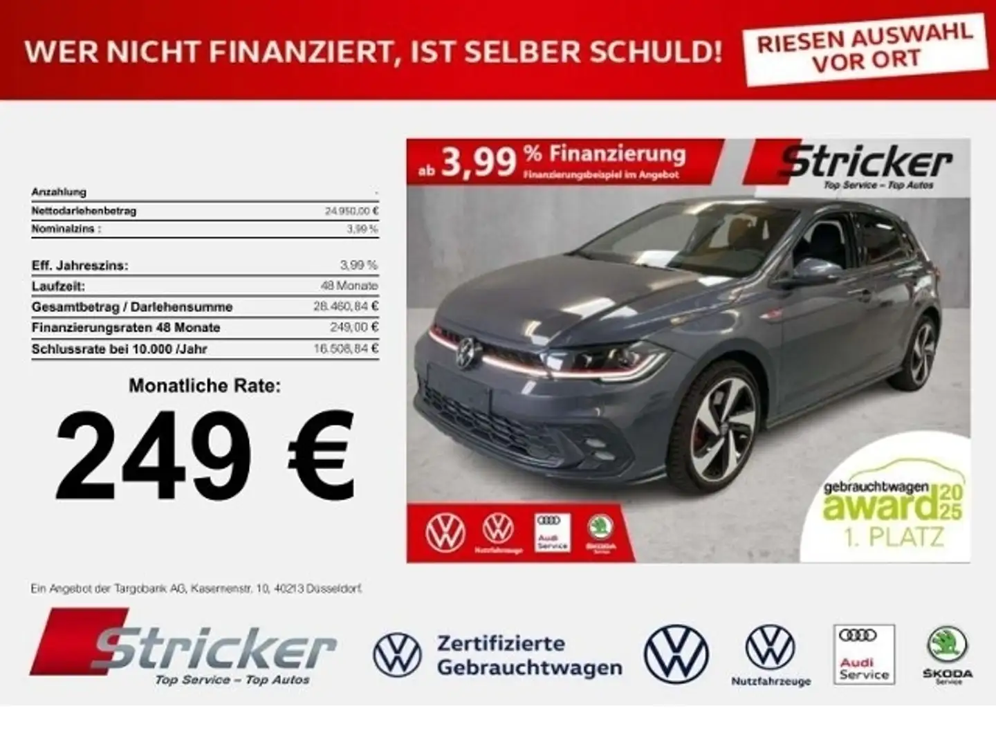 Volkswagen Polo GTI 2.0TSI DSG 249,-ohne Anzahlung ACC App-Connec Grau - 1