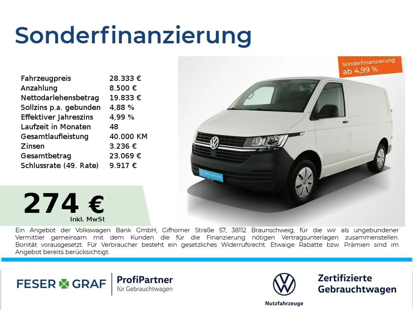 Volkswagen T6.1 Transporter 6.1 Kasten 2.0TDI PDC Klimaanlage Heckflügeltüren Weiß - 1