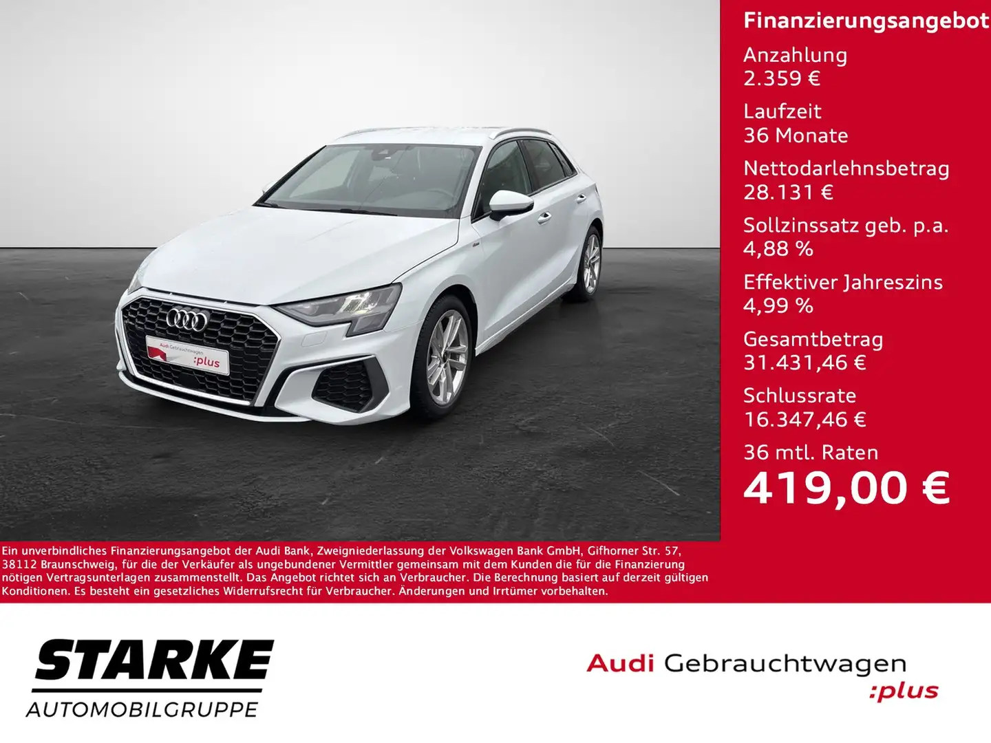 Audi A3 Sportback 35 TDI S tronic S line Weiß - 1