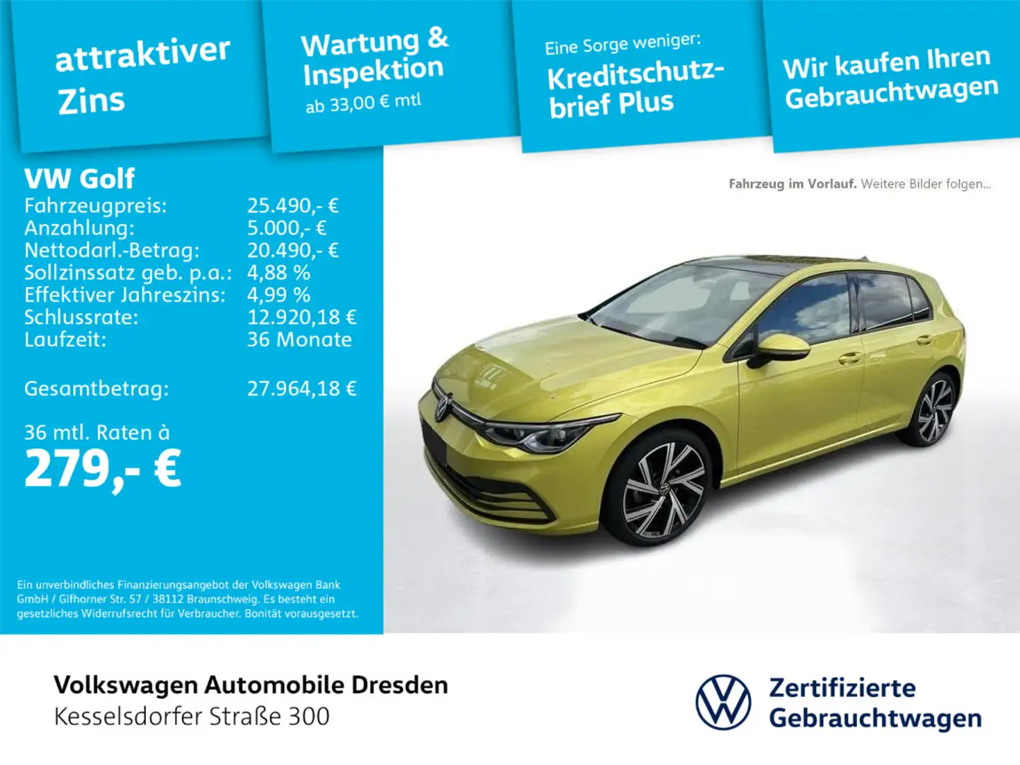 Volkswagen Golf VIII 2.0 TDI Life AHZV Kamera ACC LED Navi Gelb - 1