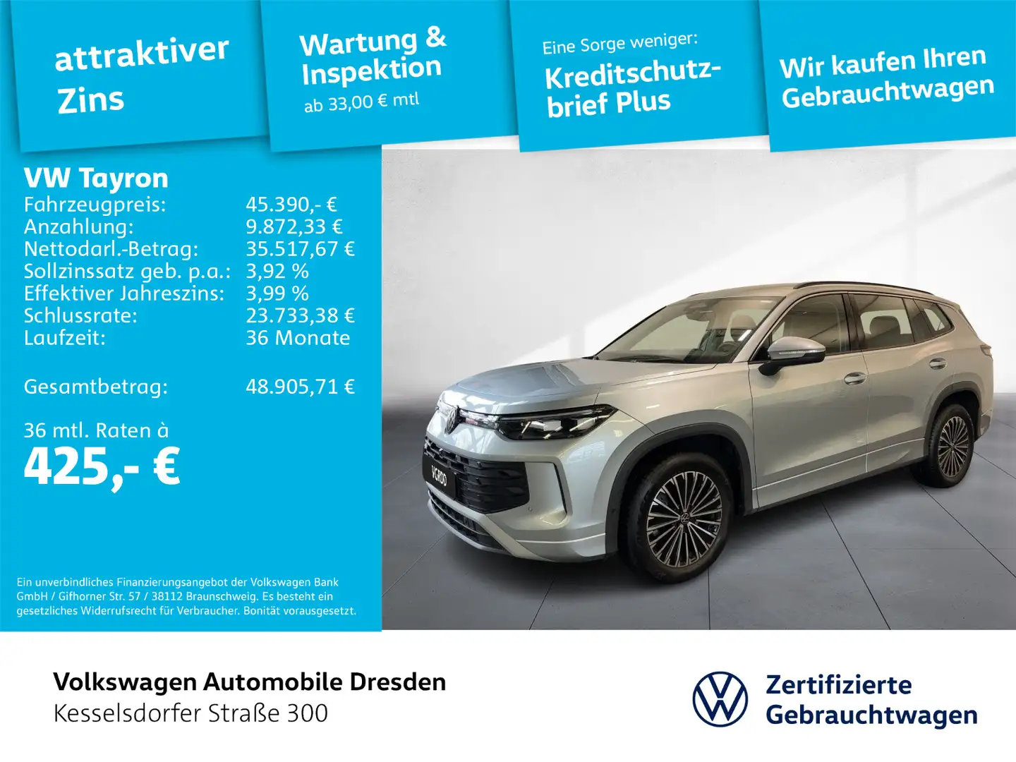 Volkswagen Tayron 2.0 TDI DSG 4M Life AHZV Kamera Navi LED Silber - 1