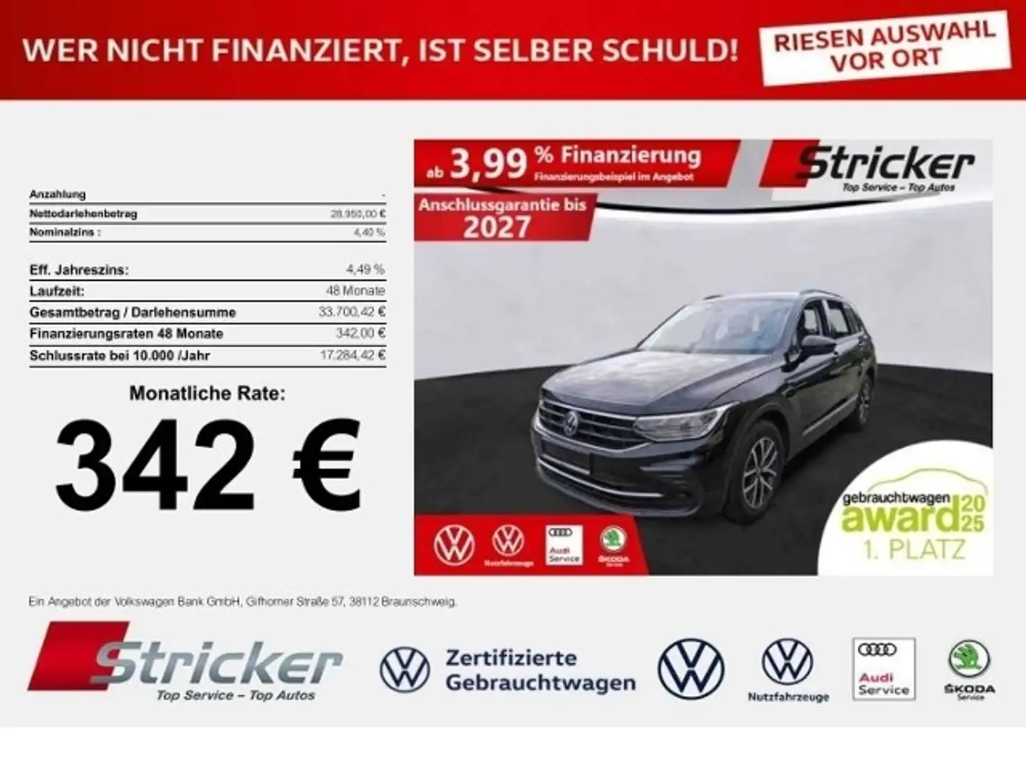Volkswagen Tiguan Life 2.0TDI DSG 342,-ohne Anzahlung Kamera ACC AH Schwarz - 1