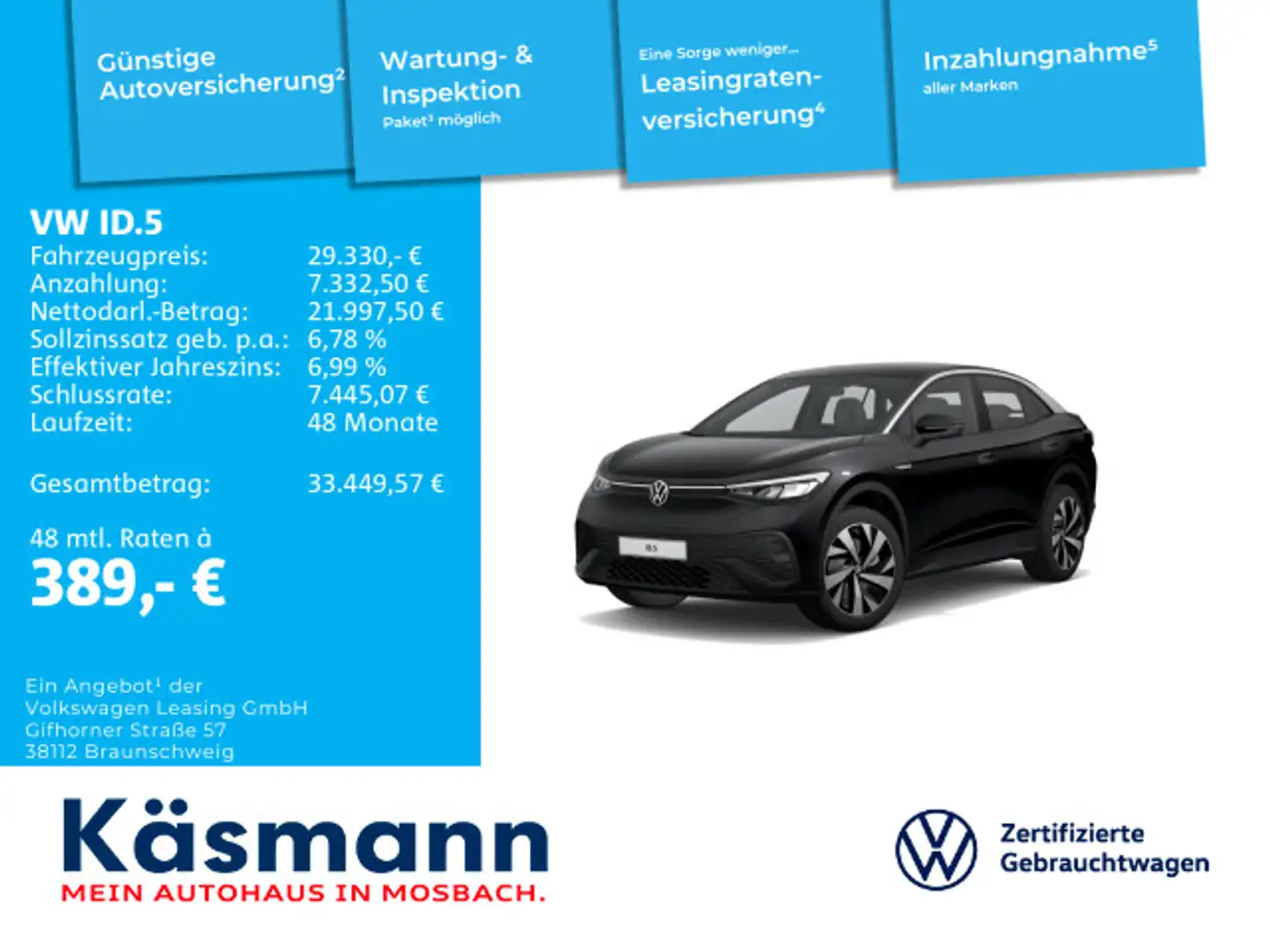 Volkswagen ID.5 Pro Performance 77kWh AHK KAM SHZ WÄRMEPU Schwarz - 1