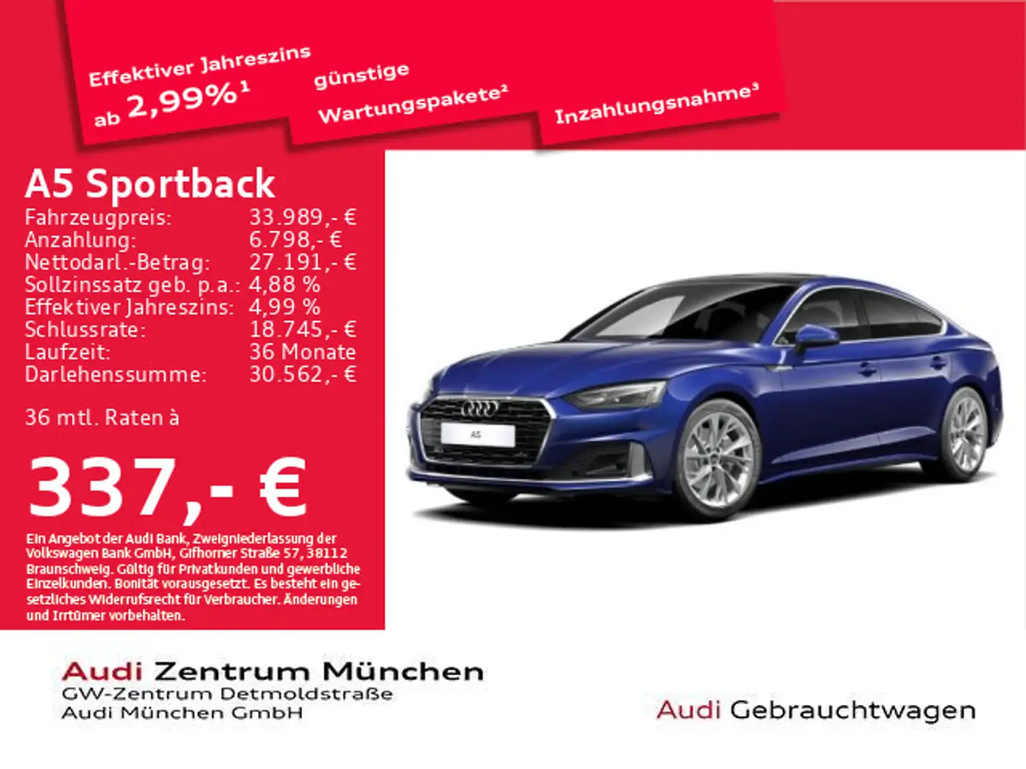 Audi A5 40 TFSI S tronic advanced Pano/Navi Blau - 1