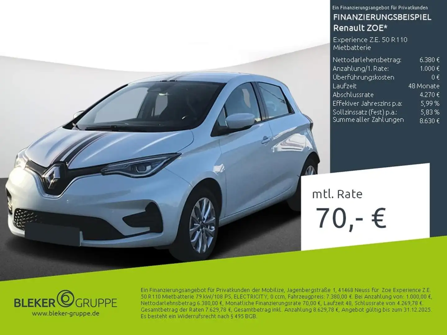 Renault ZOE Experience Z.E. 50 R110 Mietbatterie Blanc - 2