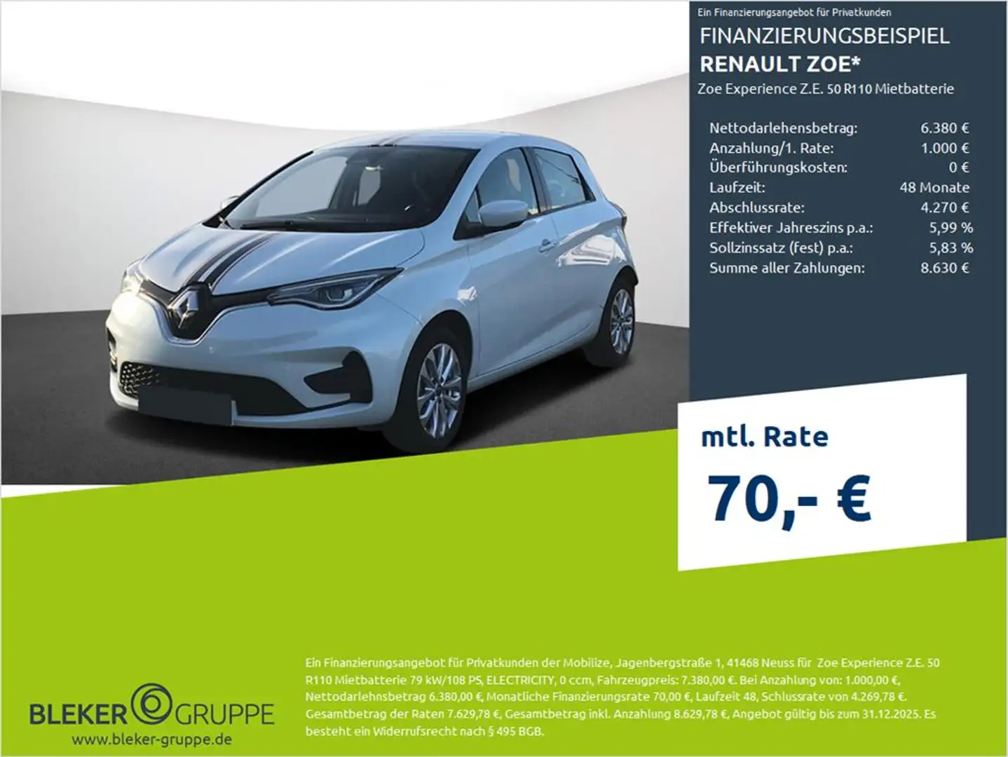 Renault ZOE Experience Z.E. 50 R110 Mietbatterie Blanc - 1