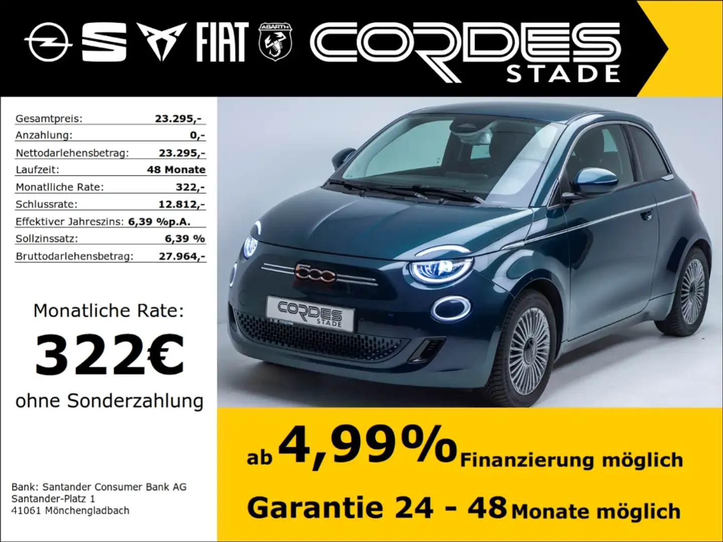 Fiat 500e Kollisionswarner Rückfahrkam. PDCv+h Apple CarPlay Grün - 1