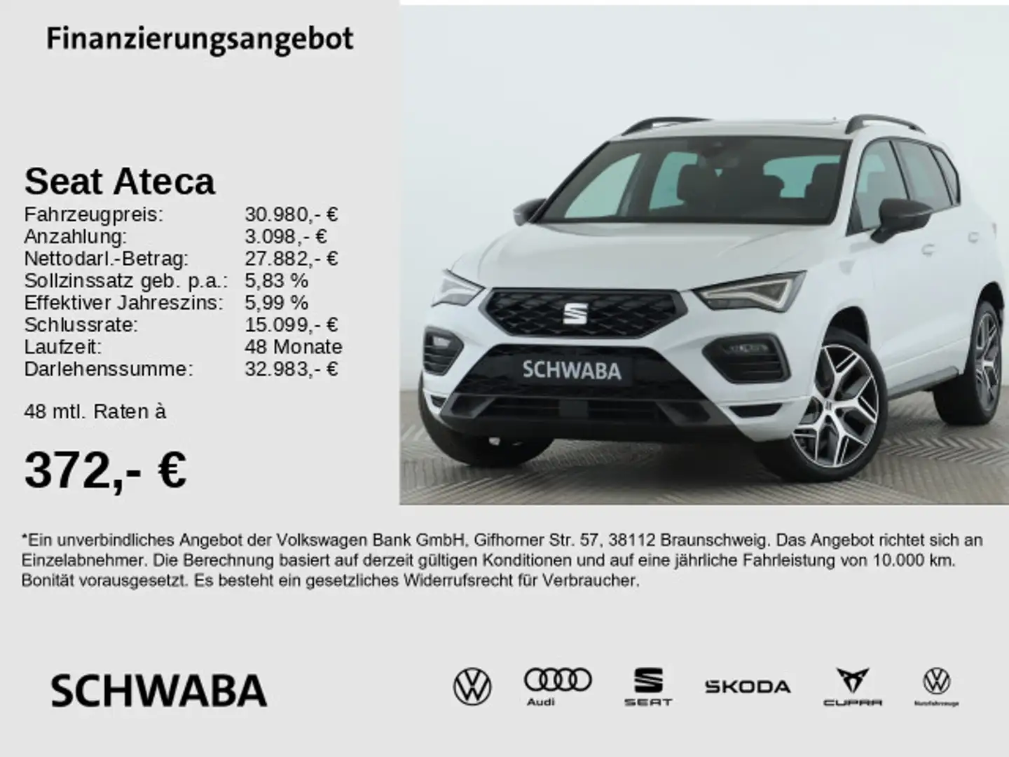SEAT Ateca FR 2.0TDI 4D DSG *PANO*AHK*NAVI*LED*19"LM* Weiß - 1