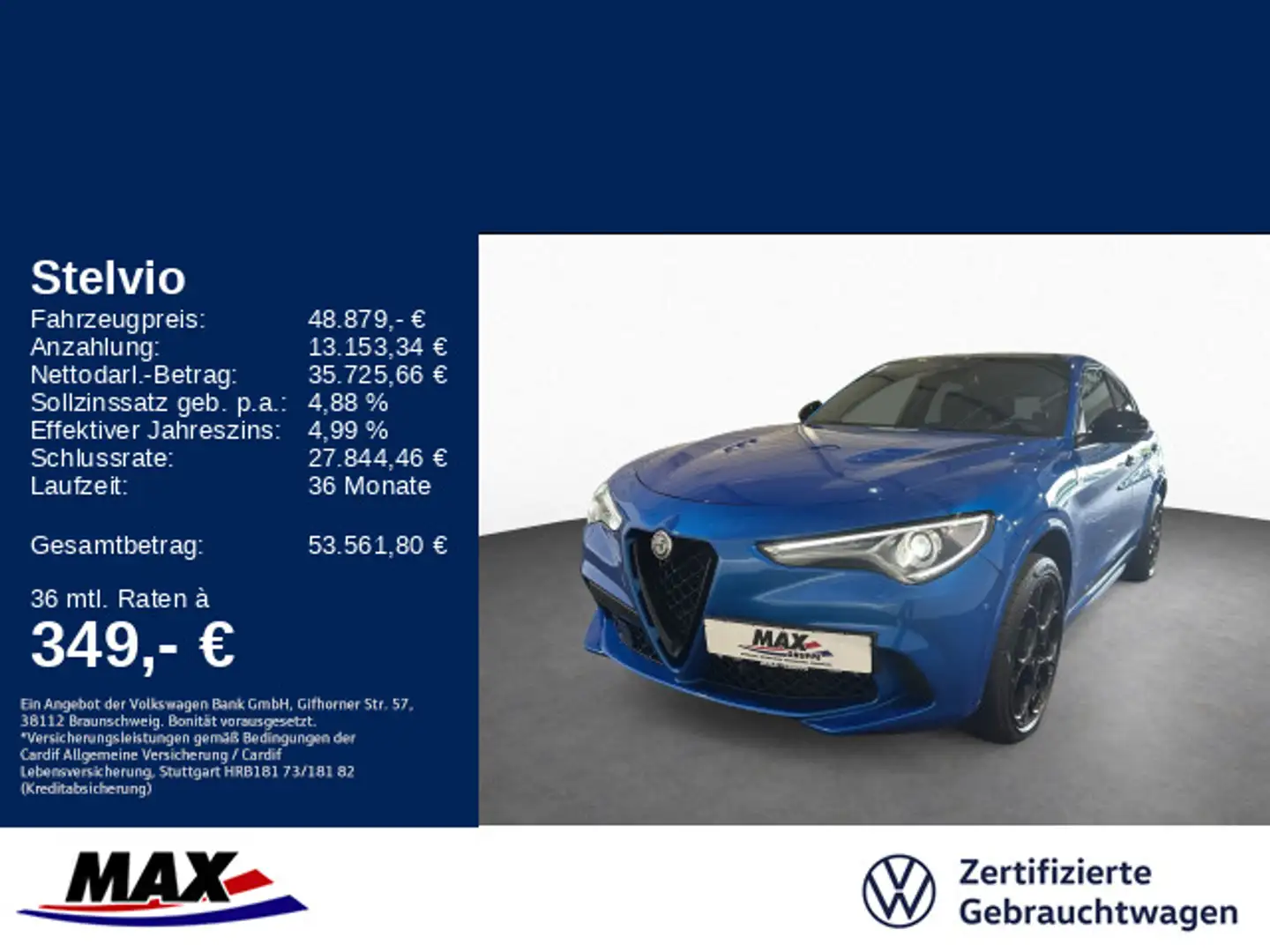 Alfa Romeo Stelvio QUADRIFOGLIO Q4 2.9 V6 BI-TURBO PANO+H&K Blau - 1