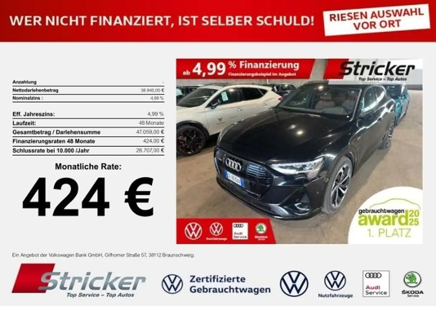 Audi e-tron 55 Sportback S-Line 424,-ohne Anzahlung Pano Matr Schwarz - 1