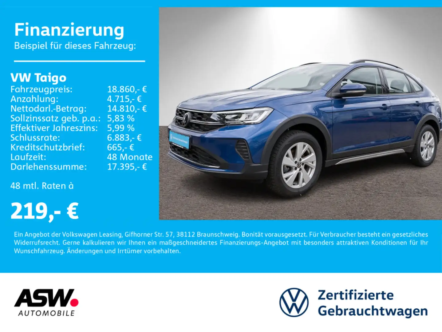 Volkswagen Taigo Life 1,0 TSI LED NAVI PDC SHZ VC Bleu - 1