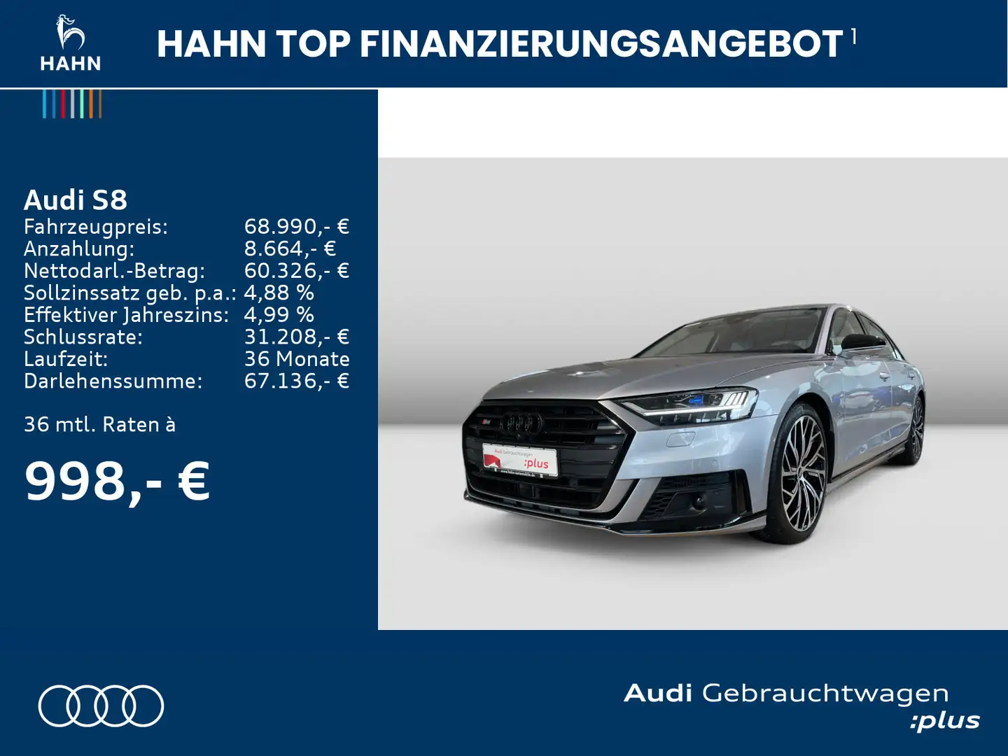 Audi S8 4.0TFSI quattro Tiptrc Laserlicht Standh 360° Plateado - 2