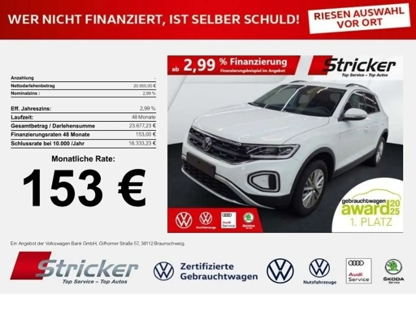 Volkswagen T-Roc Life 1.0TSI 153,-ohne Anzahlung Navi Sitzheizung Weiß - 1