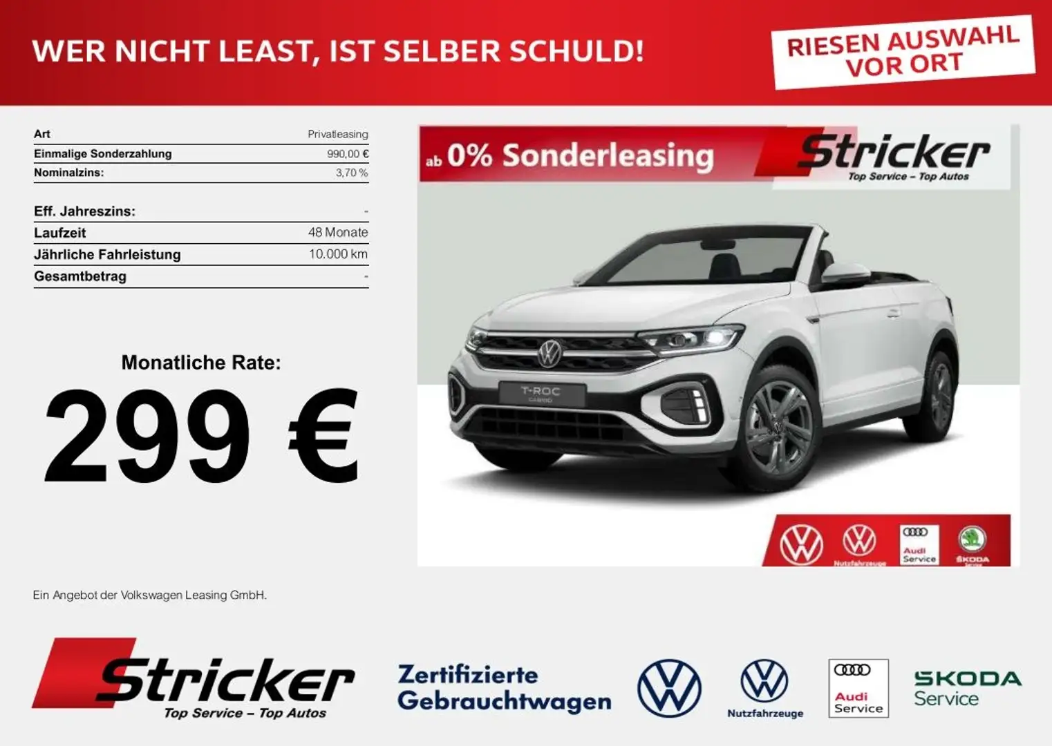 Volkswagen T-Roc Cabriolet R-Line 1.5 TSI DSG ACC Windschott 299,- Weiß - 1