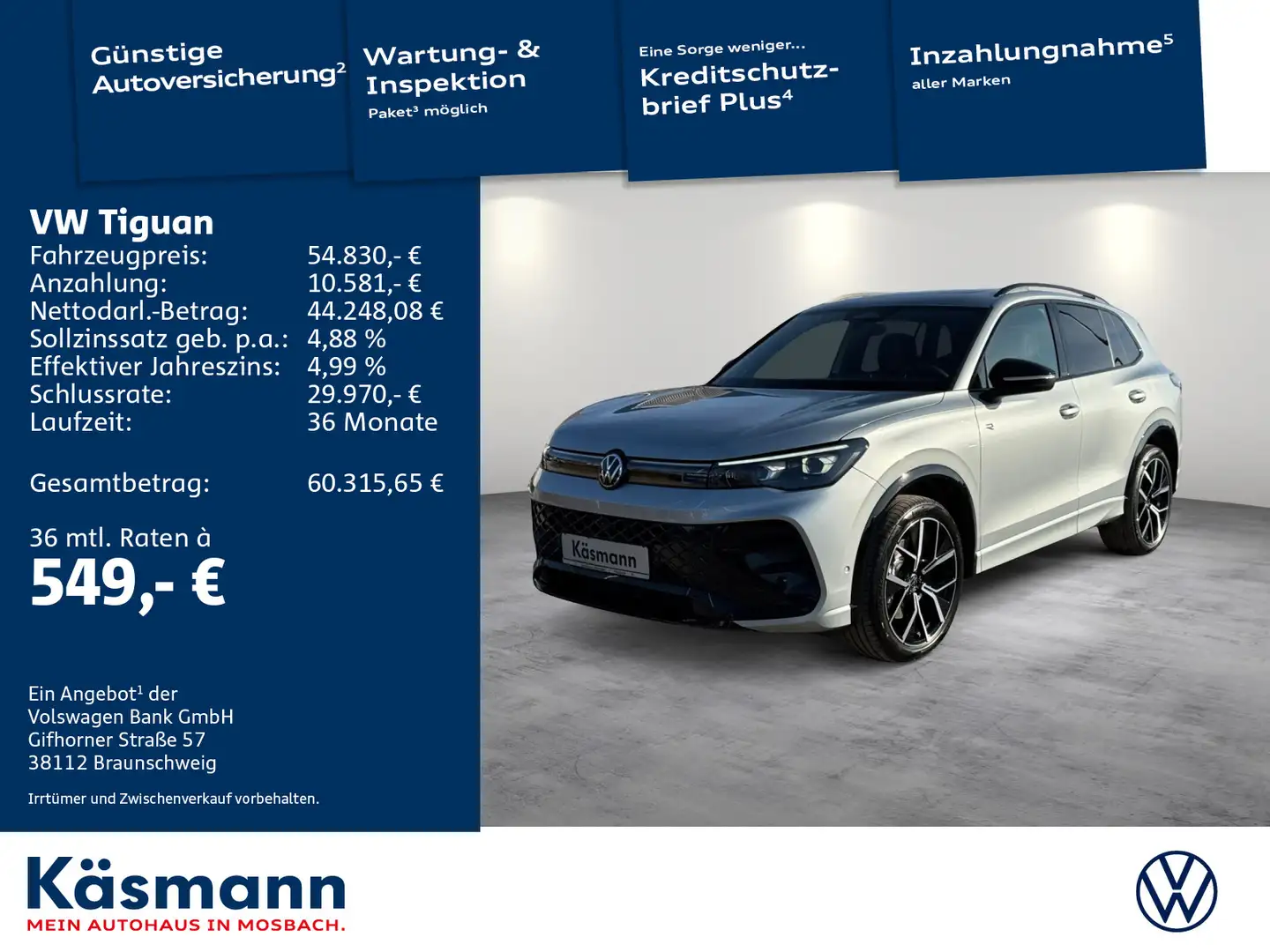 Volkswagen Tiguan R-Line 2.0TDI 4M AHK PANO 360 H&K MATRIX Silber - 1