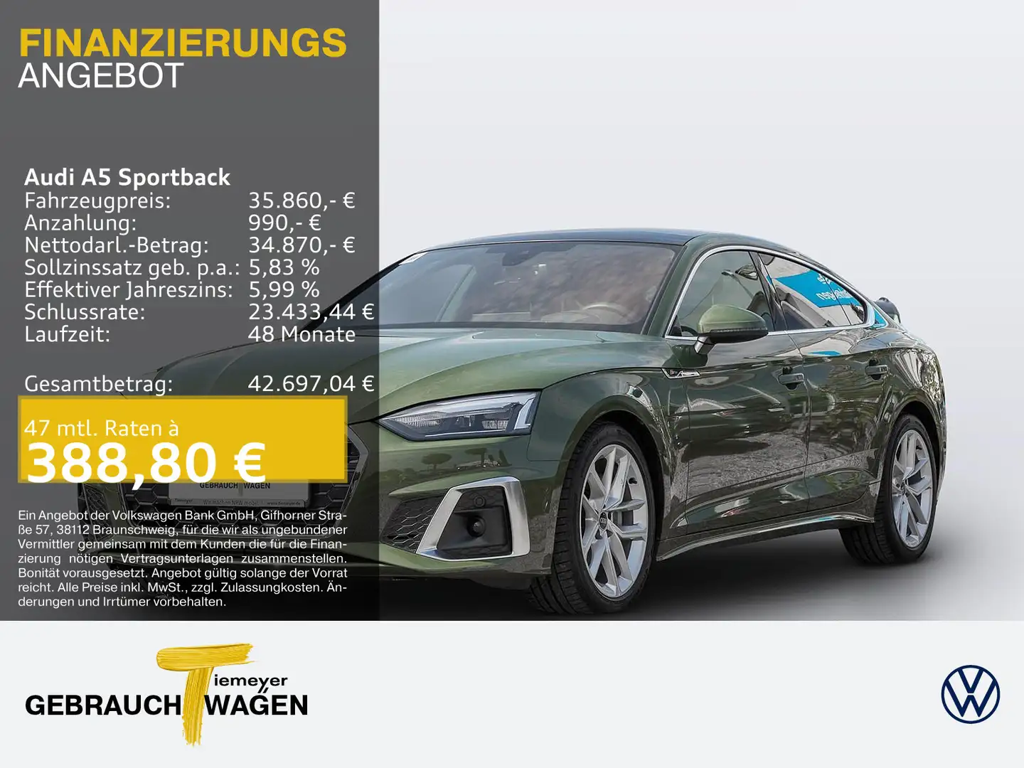 Audi A5 40 TFSI Q 2x S LINE B&O HuD VIRTUAL Grün - 1