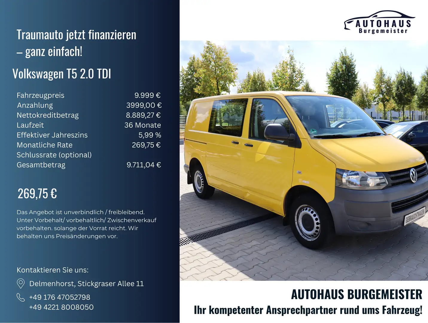 Volkswagen T5 Transporter 2.0 TDI Kasten *2-Hand*TÜV-09.2026*Garantie* Gelb - 1