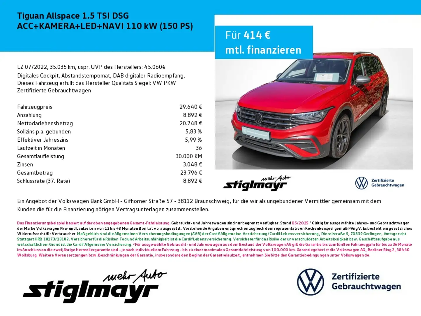 Volkswagen Tiguan Allspace 1.5 TSI DSG ACC+KAMERA+LED+NAVI Rot - 1