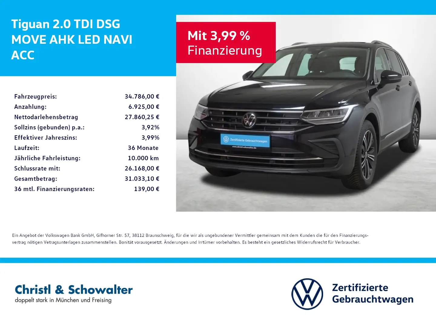 Volkswagen Tiguan 2.0 TDI DSG MOVE AHK LED NAVI ACC Zwart - 1