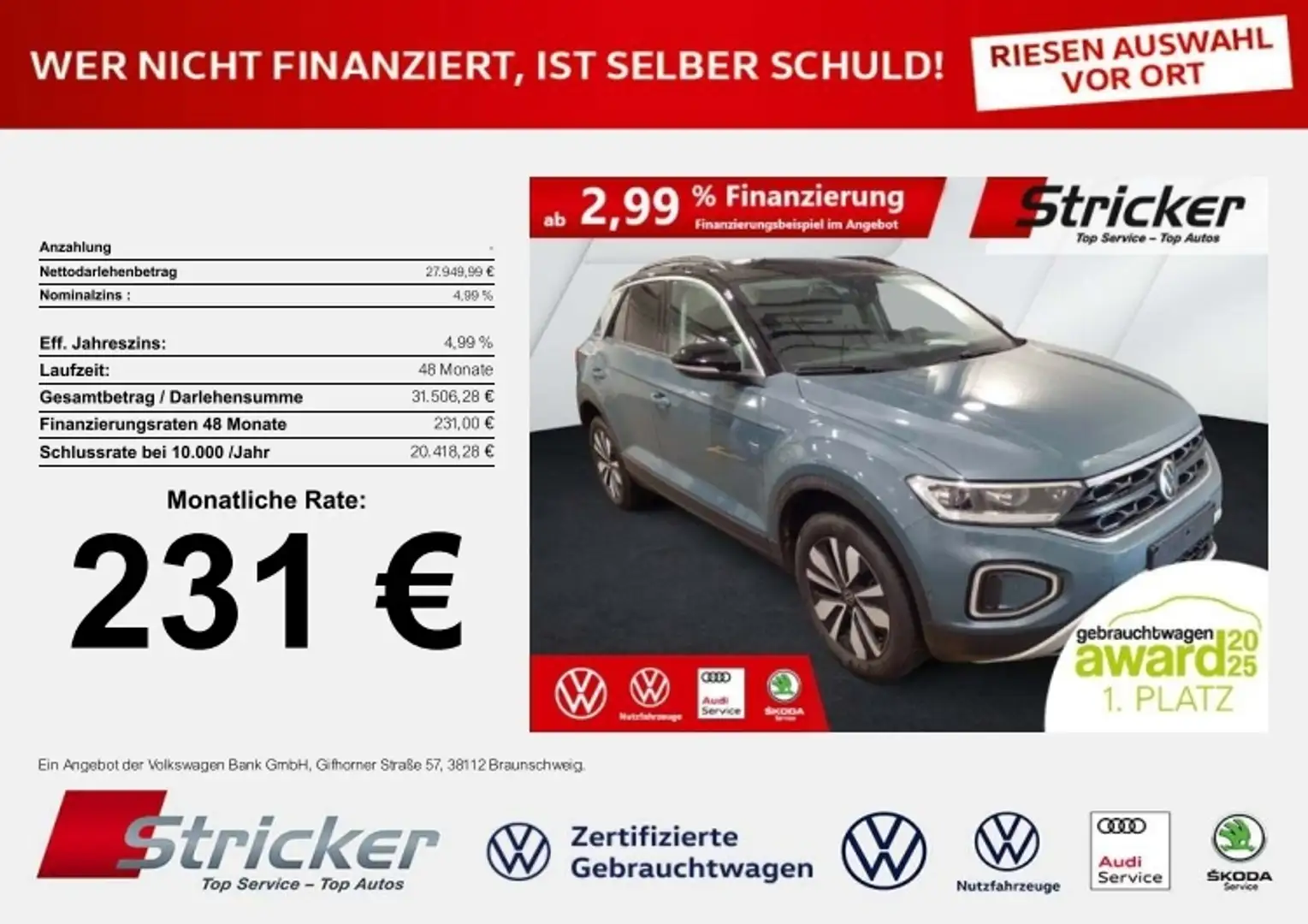 Volkswagen T-Roc Goal 2.0TDI DSG 231,-ohne Anzahlung Navi AHK Kame Blau - 1
