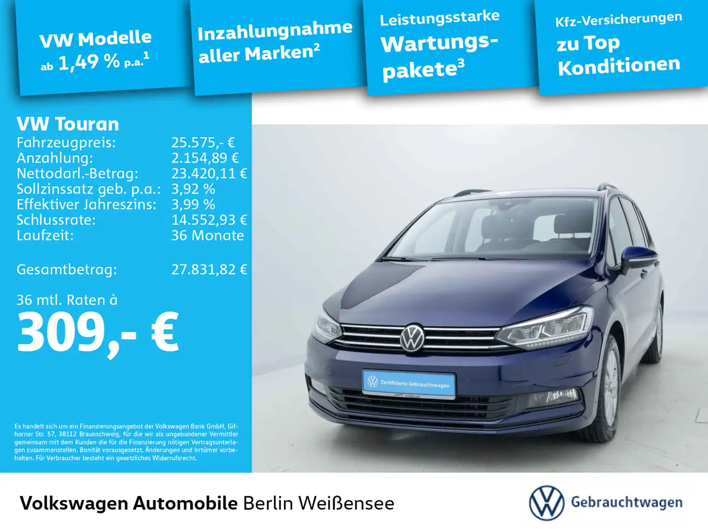 Volkswagen Touran 2.0 TDI *DSG*APP*NAV*RFK*LED* Blau - 1