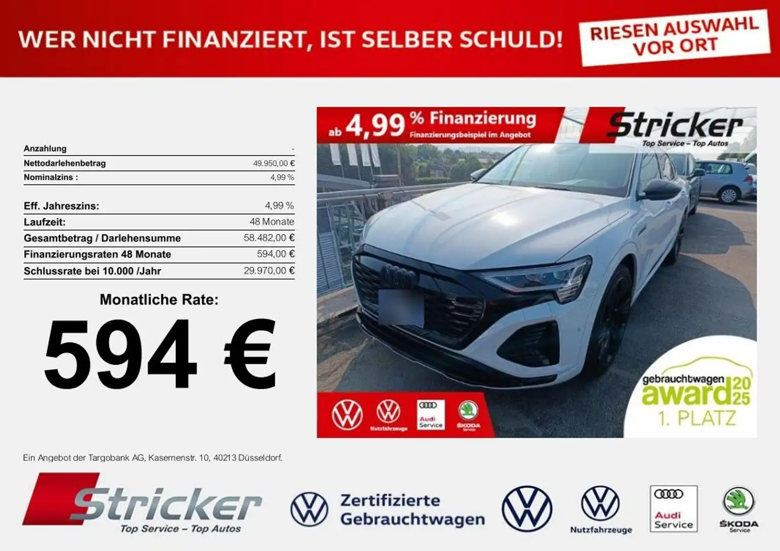 Audi Q8 e-tron Sportback S-line 55 quattro 594,-ohne Anzahlung K Wit - 1