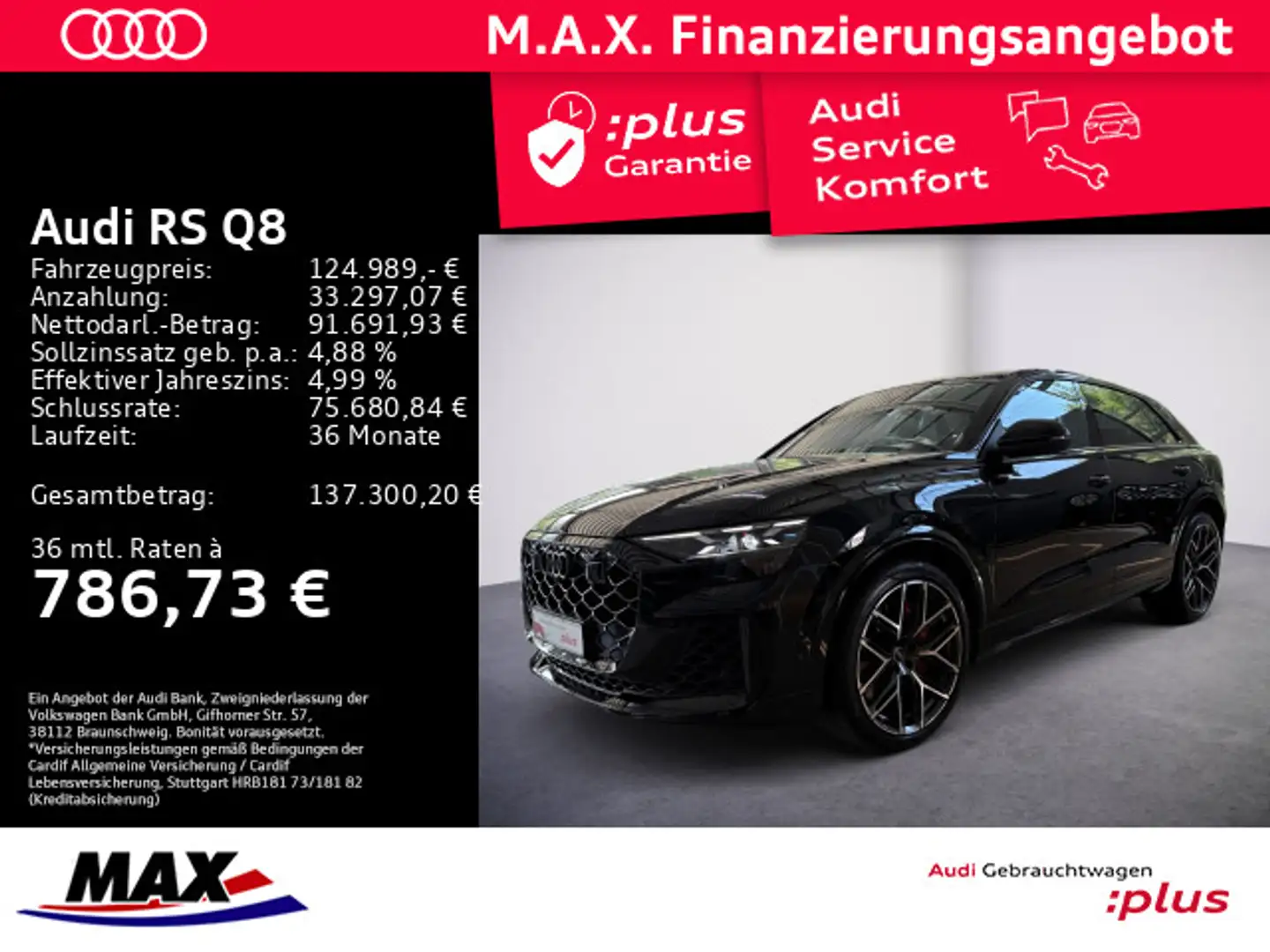 Audi RS Q8 RSQ8 4.0 TFSI quattro MATRIX LED+PANO+360°+AHK+ Schwarz - 1