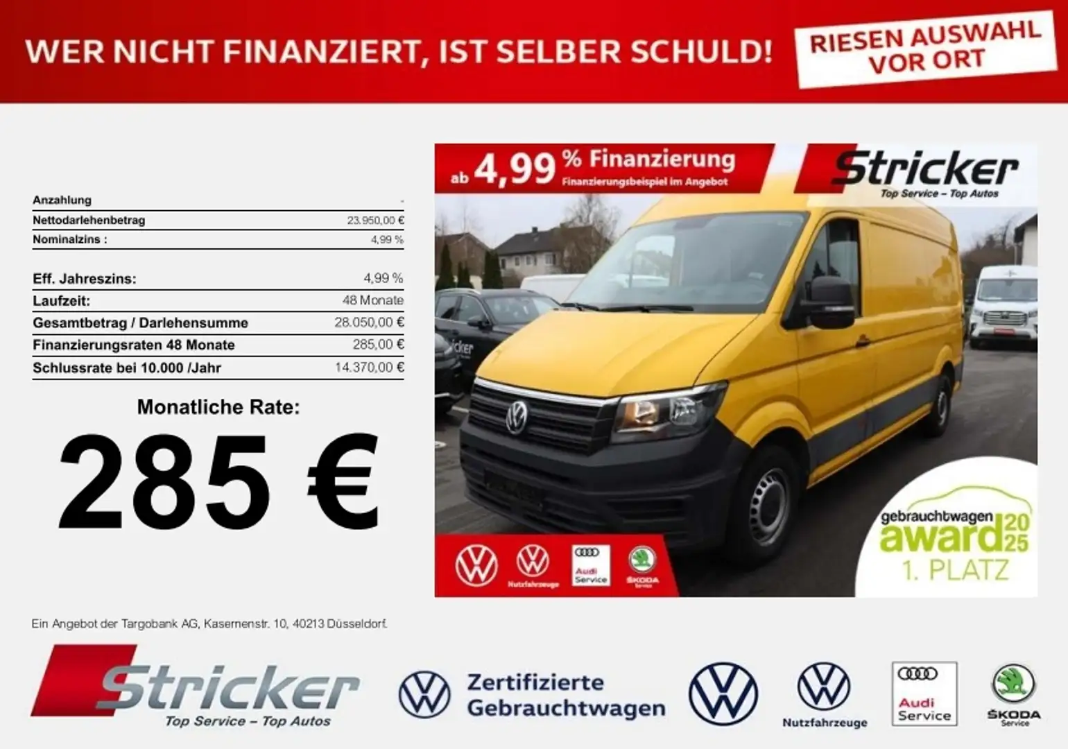 Volkswagen Crafter Kasten mittellang Hochdach 2.0TDI 285,-ohne Anzah Gelb - 1