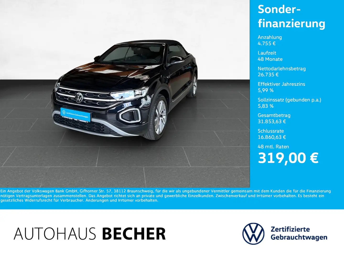 Volkswagen T-Roc Cabrio Style 1.5 TSI DSG /Navi/LED/Sitzhz Schwarz - 1