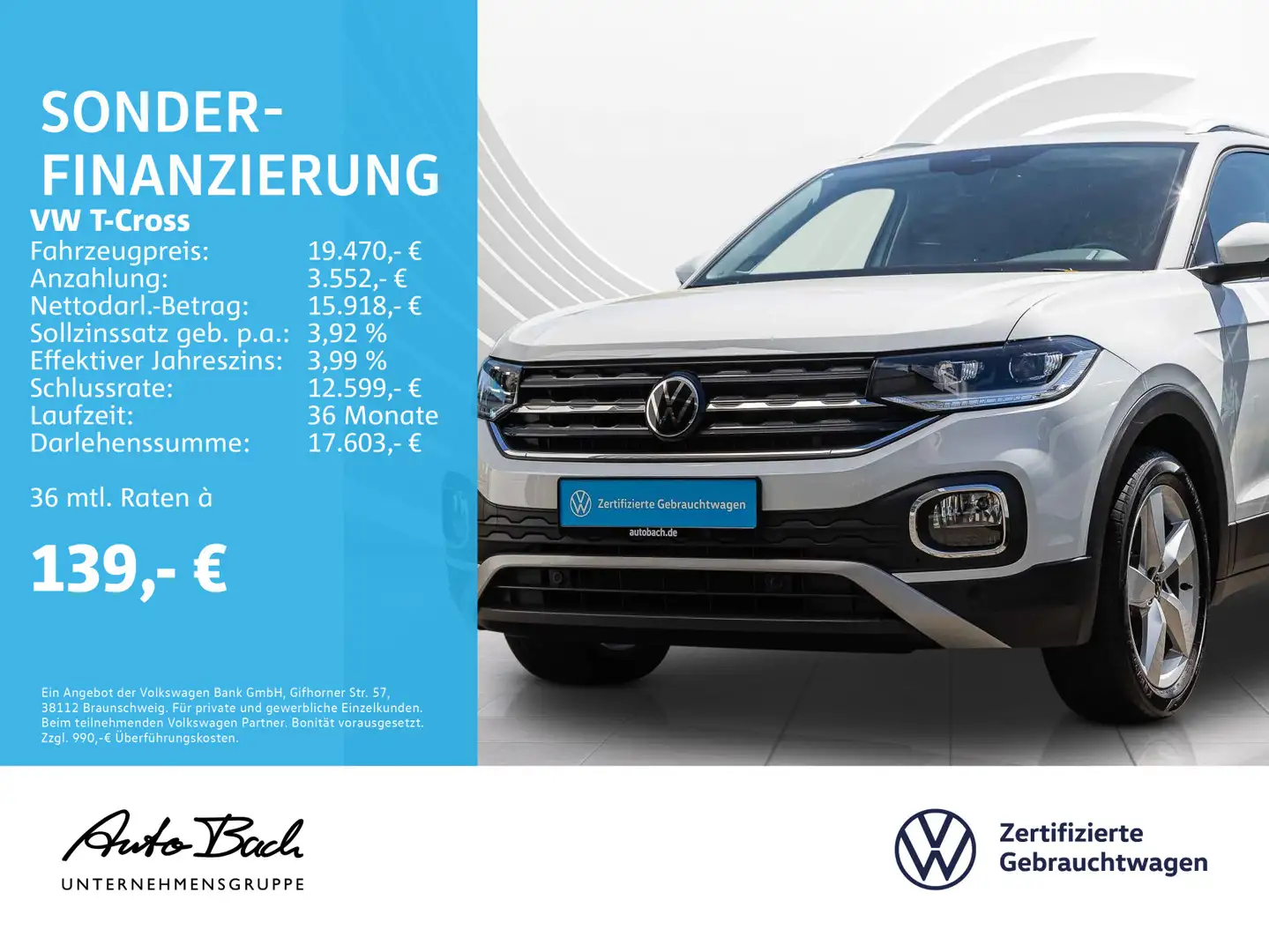 Volkswagen T-Cross 1.0 TSI Style, Navi, LED, App-Connect, D Blanc - 1