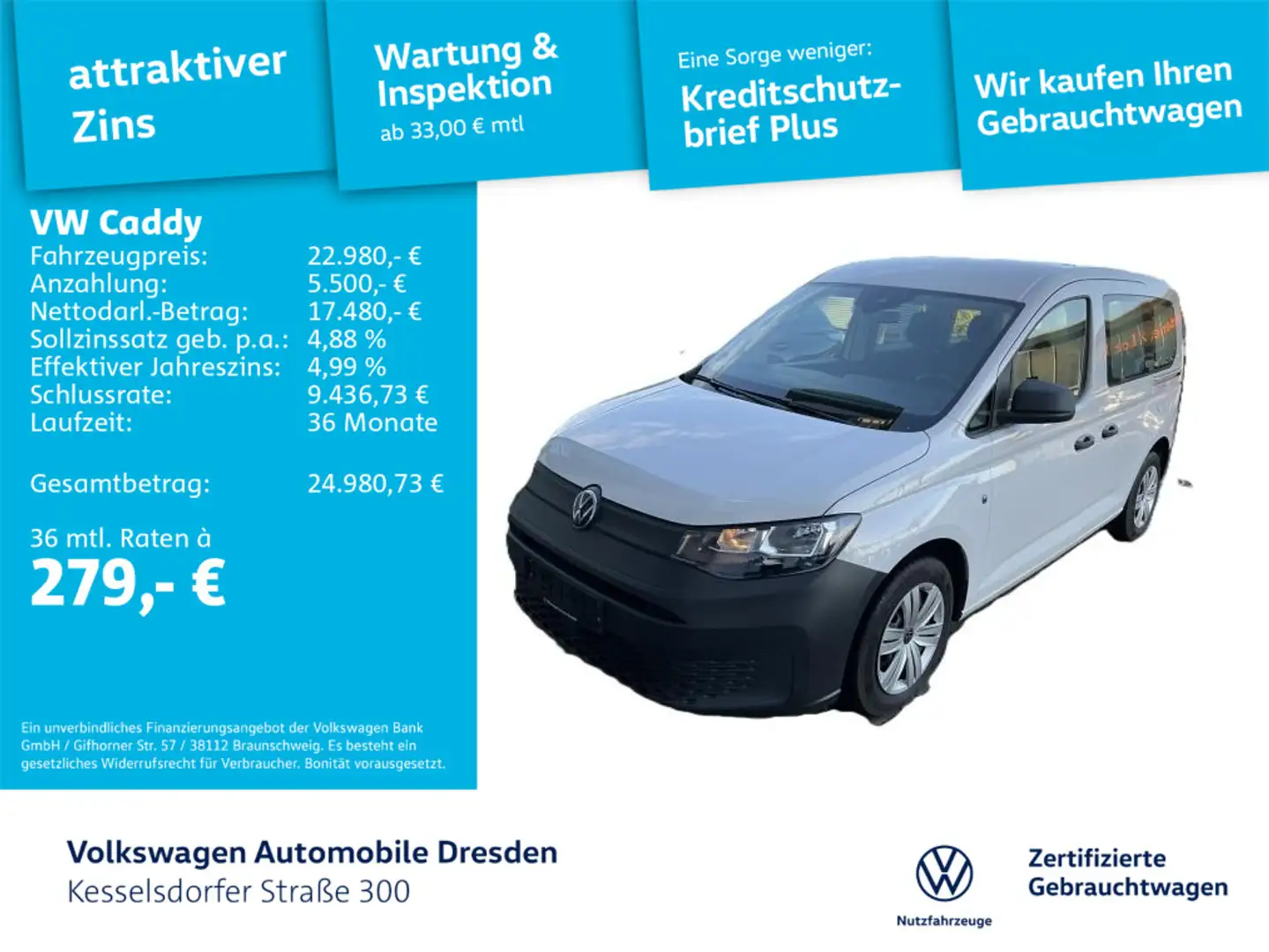 Volkswagen Caddy Kombi 2.0 TDI PDC GRA Navi Weiß - 1