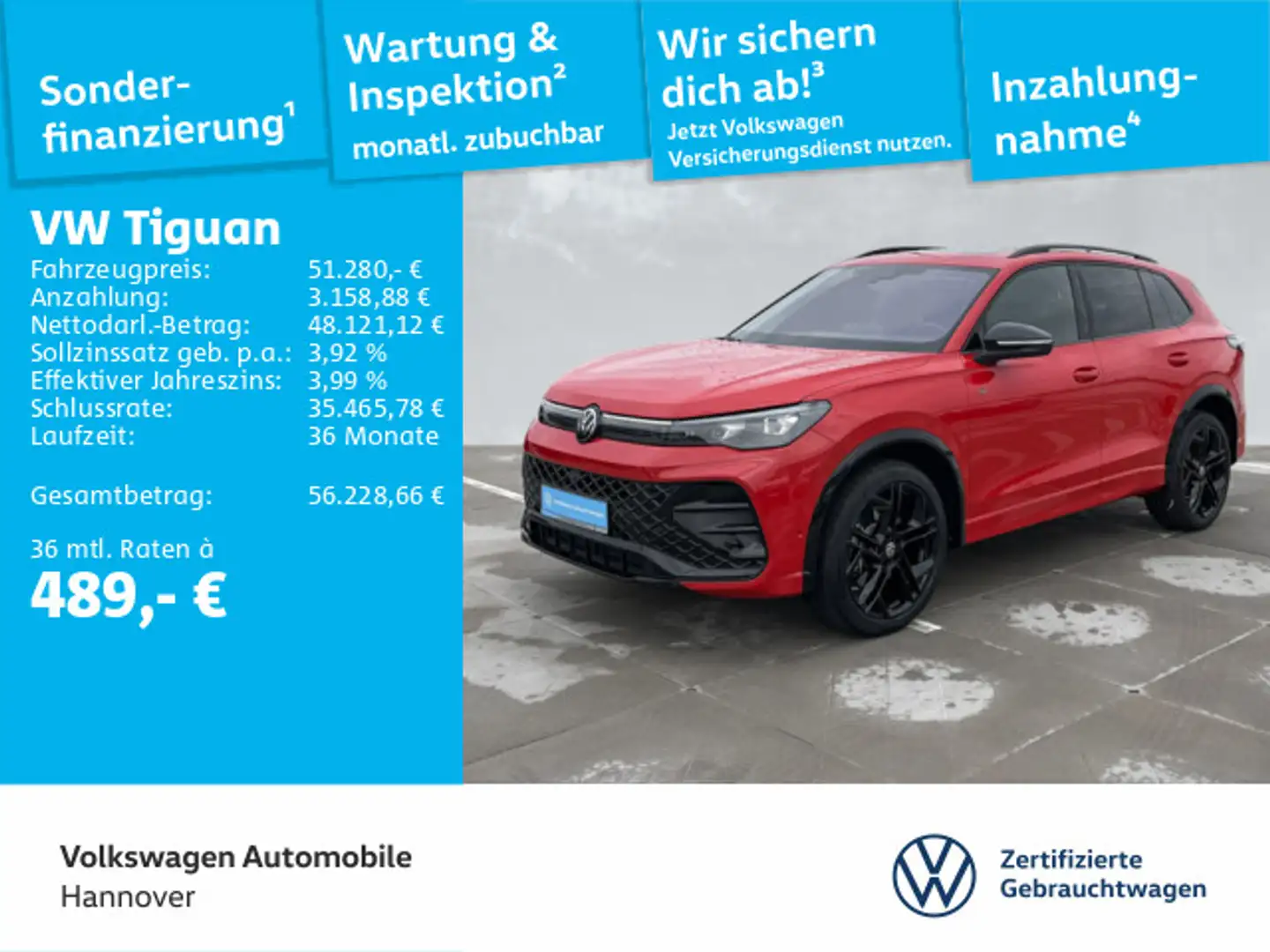 Volkswagen Tiguan 2.0 TDI DSG 4M R-Line Navi AHK Pano Sthzg Rot - 1